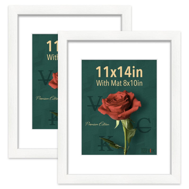 VCK 11x14 White Picture Frames with Mat 8x10 Matted to 11x14 Wood Photo Frame with Real Glass 2 Pack for Wall Mount Horizontal  Vertical