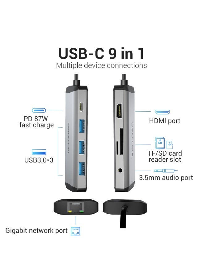 VENTION Multi-function Type-C to HDMI/USB3.0*3/TF/SD/RJ45/3.5mm/PD Docking Station Model # THAHB - Image 3