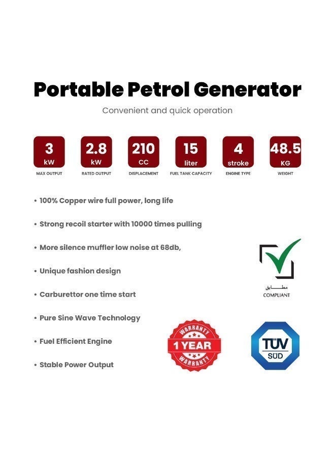 AFRA Petrol Generator 3000W, 3KW Max Output Gasoline Generator, 4 Stroke Engine, Electric & Recoil Start, Portable Power Backup for Home, Camping, Farm & Outdoor Use, 1 Year Warranty, AFT-3000PG-B - Image 2