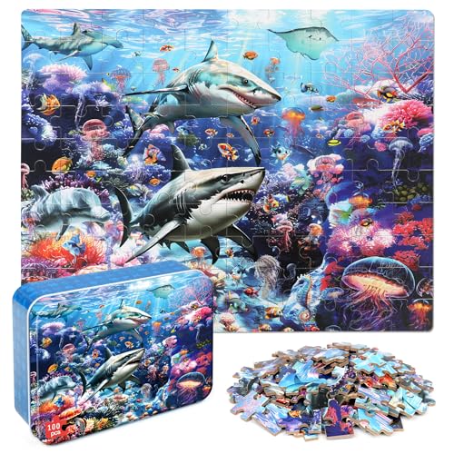 LELEMON Puzzles for Kids Ages 46 68 810 100 Pieces Jigsaw Puzzles for Kids Underwater World Ocean Learning Educational Puzzles Portable Box Pack Toy for Boys and Girls - Image 1