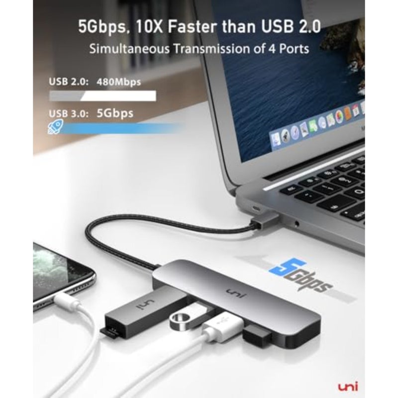 USB C to USB Hub Multiport Adapter, Aluminum 4 Ports USB C Splitter for Laptop, Slim Thunderbolt 3/4 Data USB Hub Compatible for MacBook Pro/Air, iPad Pro, Dell, Chromebook Keyboard, Mouse, HDD - Image 2