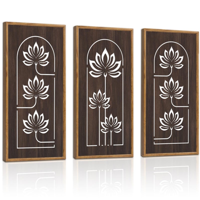 KAIRNE Lotus Wooden Wall Art,Floral Vintage Farmhouse Room Boho Decor,Set of 3(16â€ X 8â€),Framed Mandala Lotus Flowers Wall Decor,Bohemian Retro Wood Hanging Board for Living Room Yoga room Office Decoration - Image 1
