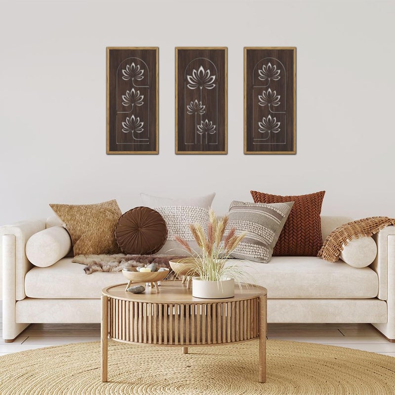 KAIRNE Lotus Wooden Wall Art,Floral Vintage Farmhouse Room Boho Decor,Set of 3(16â€ X 8â€),Framed Mandala Lotus Flowers Wall Decor,Bohemian Retro Wood Hanging Board for Living Room Yoga room Office Decoration - Image 5