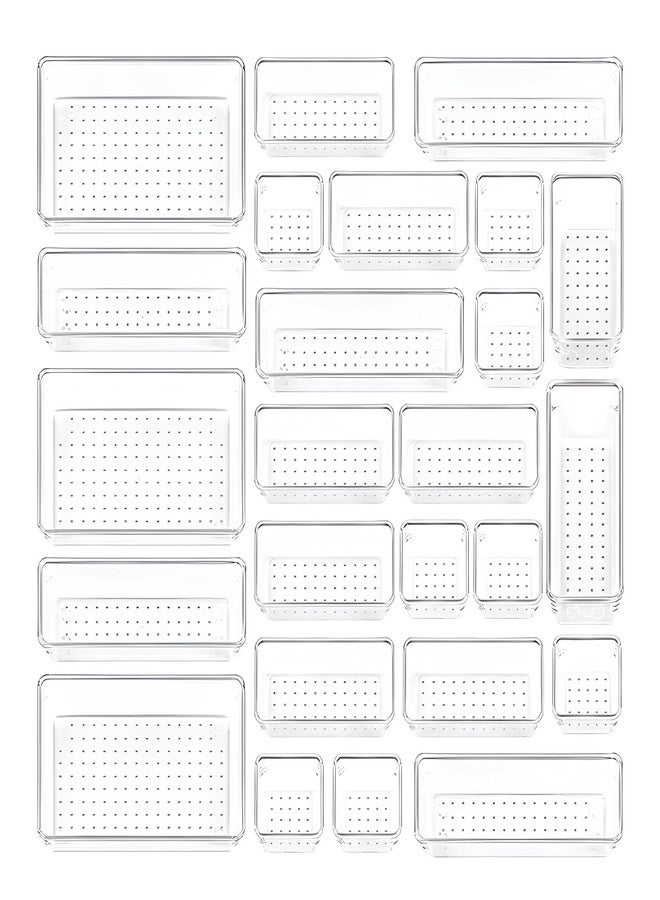 XBEY 25 PCS Clear Plastic Drawer Organizers Set, 4-Size Versatile Bathroom and Vanity Drawer Organizer Trays, Storage Bins for Makeup, Bedroom, Kitchen Gadgets Utensils and Office (25) - Image 1
