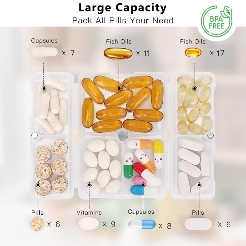 FYY Daily Pill Organizer, 7 Compartments Portable Pill Case Travel Pill Organizer,[Folding Design] Pill Box for Purse Pocket to Hold Vitamins,Cod Liver Oil,Supplements and Medication-Clear - Image 2