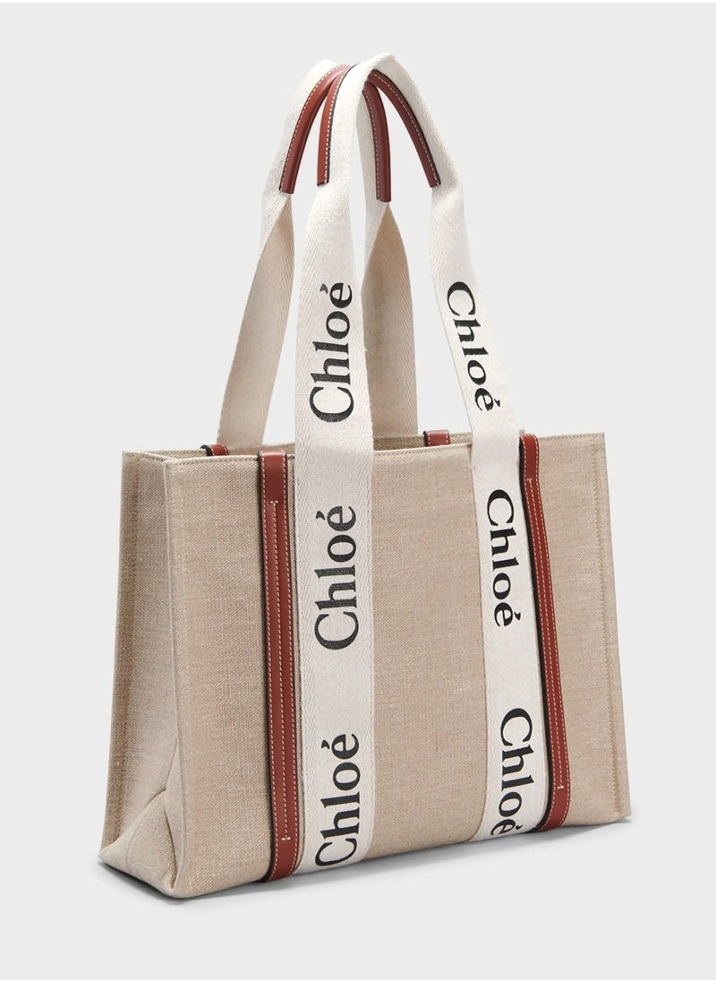 Chloe Chloe Woody Medium Women Tote Bag in Linen, Women Shoulder Bag, Women Hand Bag, Women's Travel Bag, Women's Shopping Bag, White-Brown  - Image 3