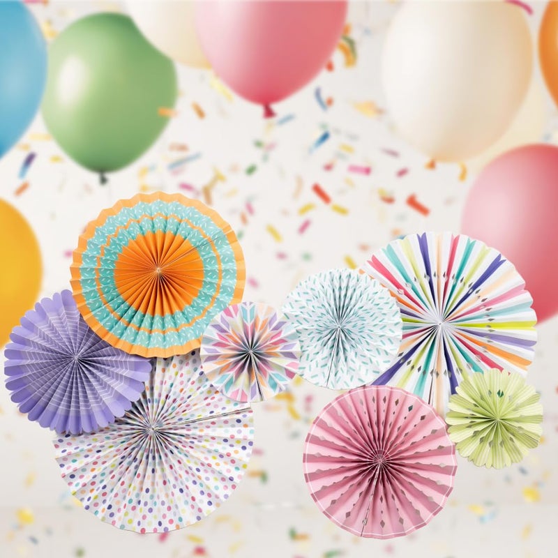 PapaKit Origami Wall Decoration Set (8 Assorted Round Paper Fans) Birthday Party Baby Shower Wedding Events Decor | Creative Art Design Pattern (Festive Colors with Mixed Patterns, 8 Piece Set) - Image 2