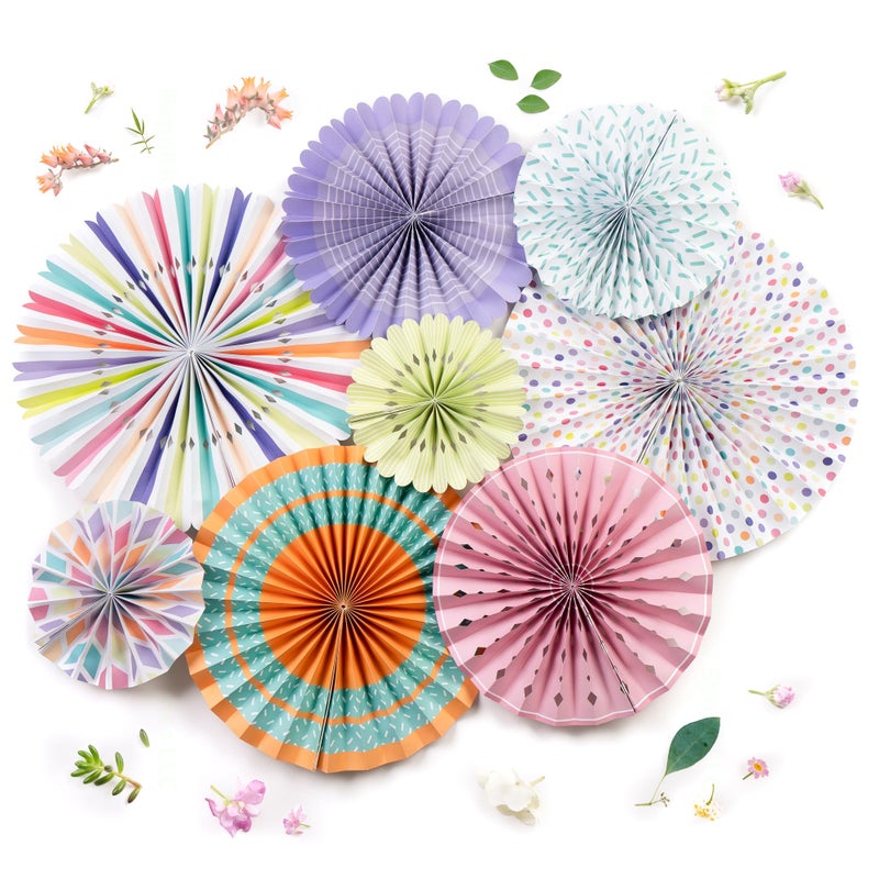 PapaKit Origami Wall Decoration Set (8 Assorted Round Paper Fans) Birthday Party Baby Shower Wedding Events Decor | Creative Art Design Pattern (Festive Colors with Mixed Patterns, 8 Piece Set) - Image 1