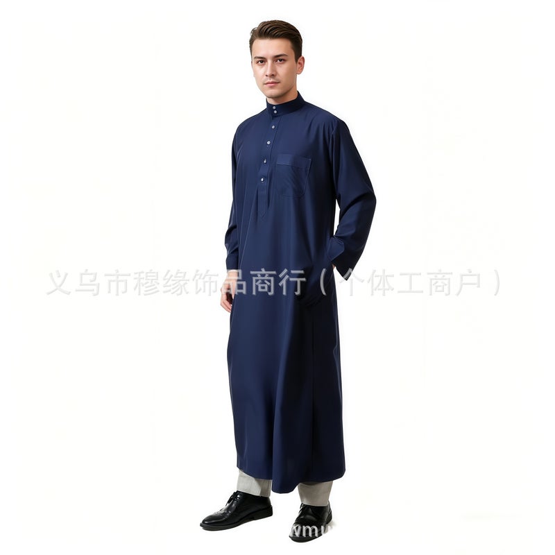Men's Solid Long Robe with Stand Collar – Half-Zip Front, Pockets, Loose Fit – Casual  Wear - Image 1