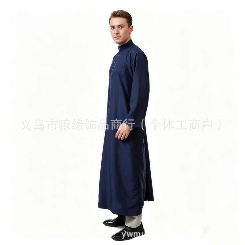 Men's Solid Long Robe with Stand Collar – Half-Zip Front, Pockets, Loose Fit – Casual  Wear - Image 2