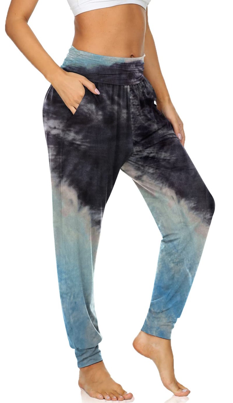 UEU Women's High Waisted Fashion Yoga Joggers Pants Baggy Casual Fit Workout Sweatpants Comfy Lounge Sweat Pants with Pockets(Tie Dye Black Blue, M) - Image 1