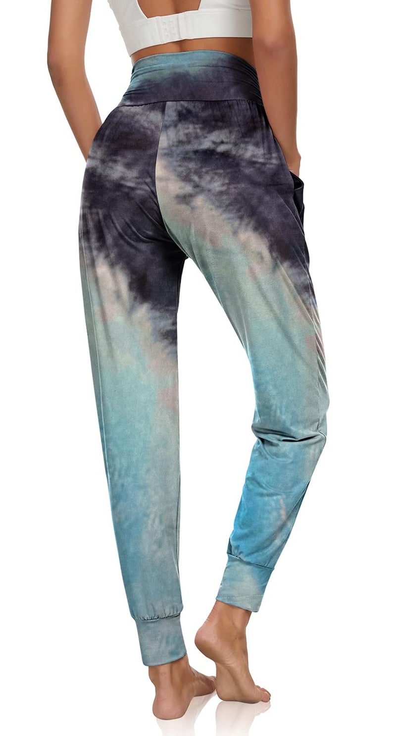 UEU Women's High Waisted Fashion Yoga Joggers Pants Baggy Casual Fit Workout Sweatpants Comfy Lounge Sweat Pants with Pockets(Tie Dye Black Blue, M) - Image 2
