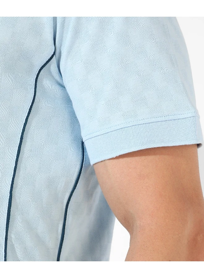 Campus Sutra Men's Light Blue Textured Regular Fit Casual T-Shirt