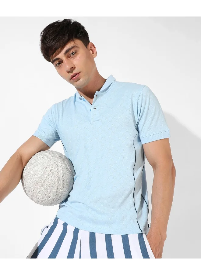 Campus Sutra Men's Light Blue Textured Regular Fit Casual T-Shirt
