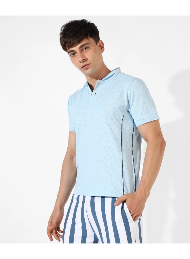 Campus Sutra Men's Light Blue Textured Regular Fit Casual T-Shirt