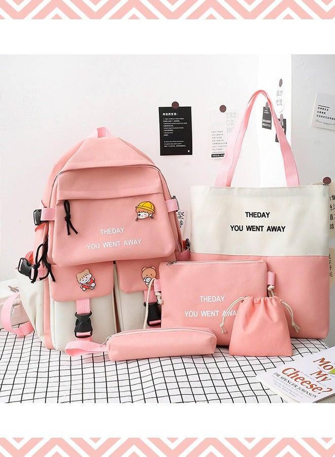 MLADEN School Bag 5 Pieces Set Kids Elementary School Bags Cartoon Travel Casual Daypack Backpack Lunch Bag Pencil Case Handbag Coin Purse With Random Plush Pendant And Badge Decoration（Pink&White） - Image 2