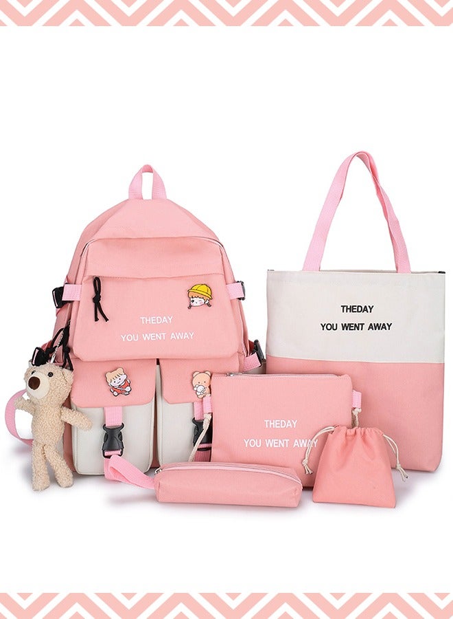 MLADEN School Bag 5 Pieces Set Kids Elementary School Bags Cartoon Travel Casual Daypack Backpack Lunch Bag Pencil Case Handbag Coin Purse With Random Plush Pendant And Badge Decoration（Pink&White） - Image 4