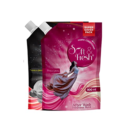 Soft & Fresh combo Pack of Pink Coral & Vanilla Dreams 2X900ml, best Fabric Conditioner softener increase Freshness and softness 900ml refill pouch Pack of 2 - Image 1