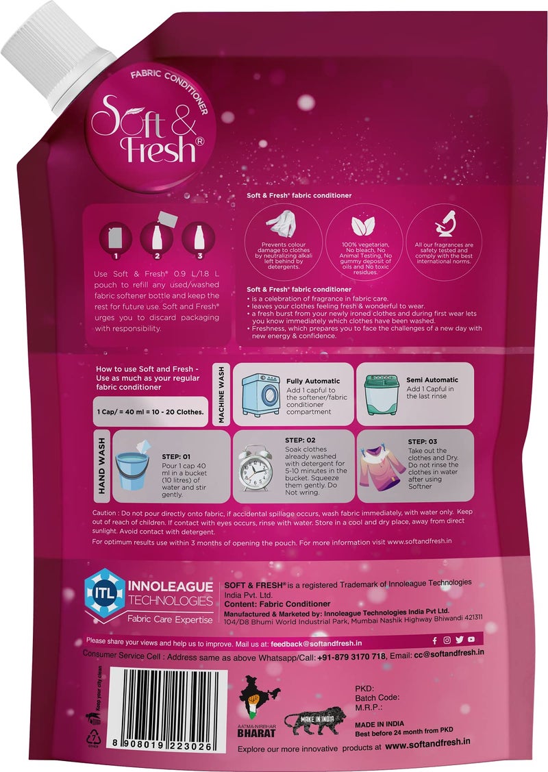 Soft & Fresh combo Pack of Pink Coral & Vanilla Dreams 2X900ml, best Fabric Conditioner softener increase Freshness and softness 900ml refill pouch Pack of 2 - Image 4