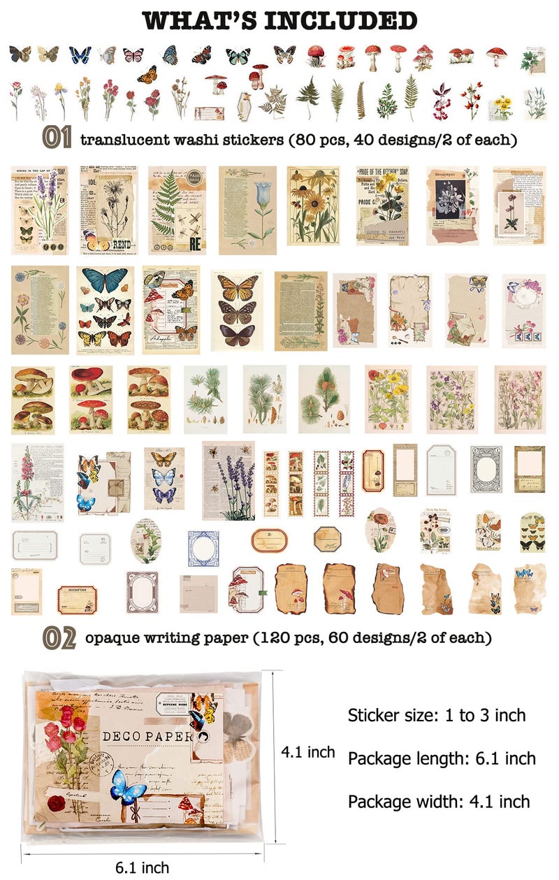 Knaid Vintage Scrapbook Supplies Pack (200 Pieces) for Junk Journal Bullet Journals Planners Botanical Paper Stickers Craft Kits Aesthetic Cottagecore Collage Album (Nature) - Image 2