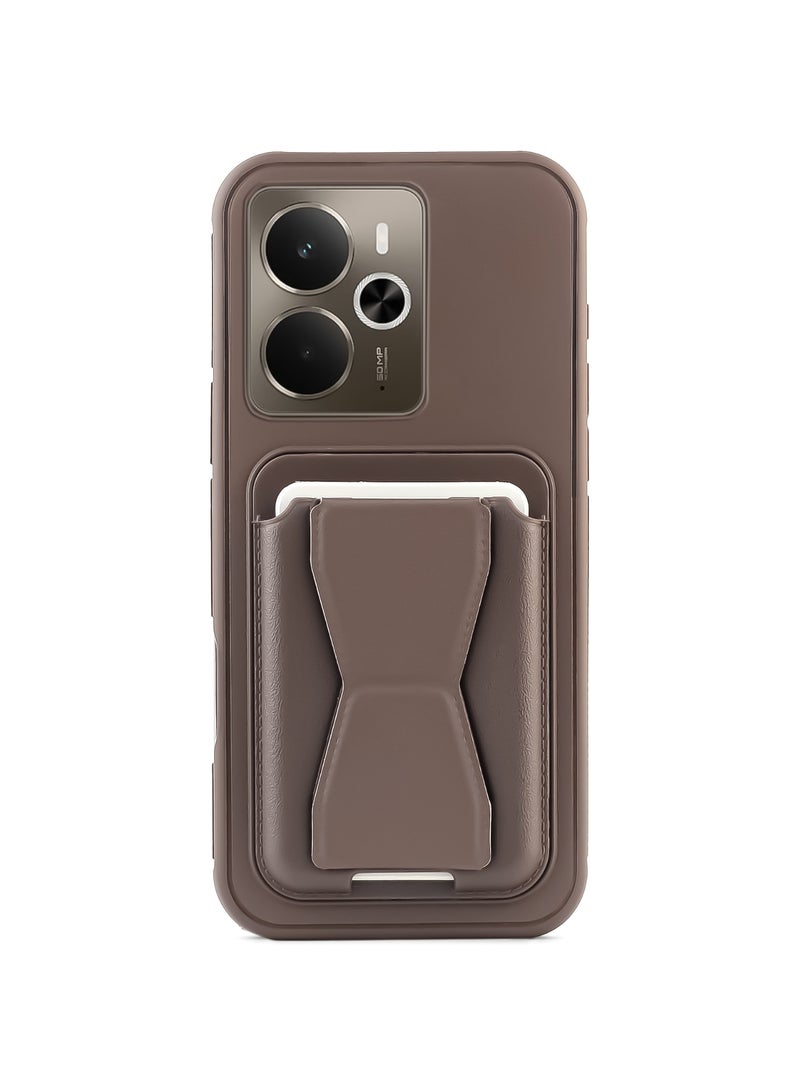 Leather back cover with card wallet Foldable Shockpoof Case compatible with Realme 14 (Brown)