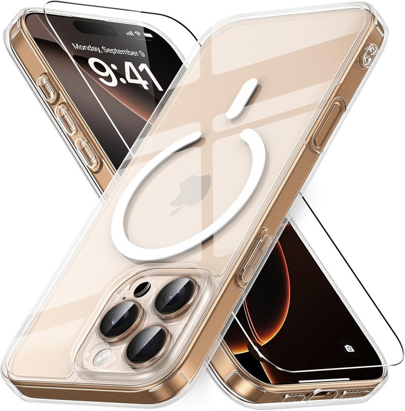حافظة مغناطيسية لـ iPhone 16 Pro Max مع زجاج واقي واحد، متوافقة مع Magsafe، حماية من السقوط وفق المعايير العسكرية، ظهر غير لامع شفاف، حافظة هاتف مقاومة للصدمات، شفاف