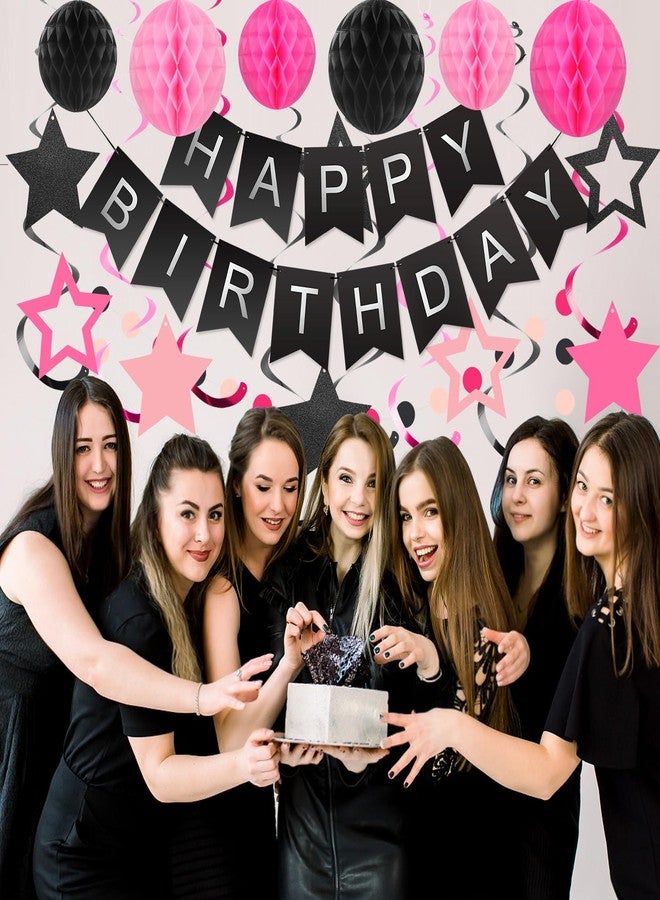 زينة عيد ميلاد رائعة، لافتة عيد ميلاد سعيد مع كرة على شكل قرص العسل، شرائط متدلية على شكل نجوم، إكليل من النقاط الدائرية، زينة حفلات عيد ميلاد سعيد للنساء والرجال والأولاد والبنات (أسود ووردي) - Image 5
