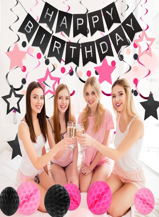 زينة عيد ميلاد رائعة، لافتة عيد ميلاد سعيد مع كرة على شكل قرص العسل، شرائط متدلية على شكل نجوم، إكليل من النقاط الدائرية، زينة حفلات عيد ميلاد سعيد للنساء والرجال والأولاد والبنات (أسود ووردي) - Image 3