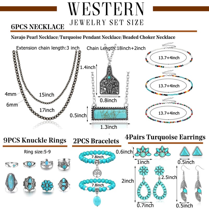 Fansilver Western Jewelry for Women Bohemian Turquoise Jewelry Set Navajo Pearl Necklace Beaded Choker Necklace Turquoise Earrings Bracelet Western Knuckle RingsTurquoise Jewelry for Women - Image 2