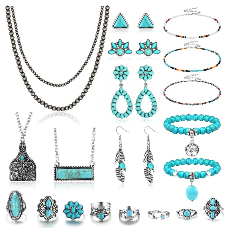 Fansilver Western Jewelry for Women Bohemian Turquoise Jewelry Set Navajo Pearl Necklace Beaded Choker Necklace Turquoise Earrings Bracelet Western Knuckle RingsTurquoise Jewelry for Women - Image 1