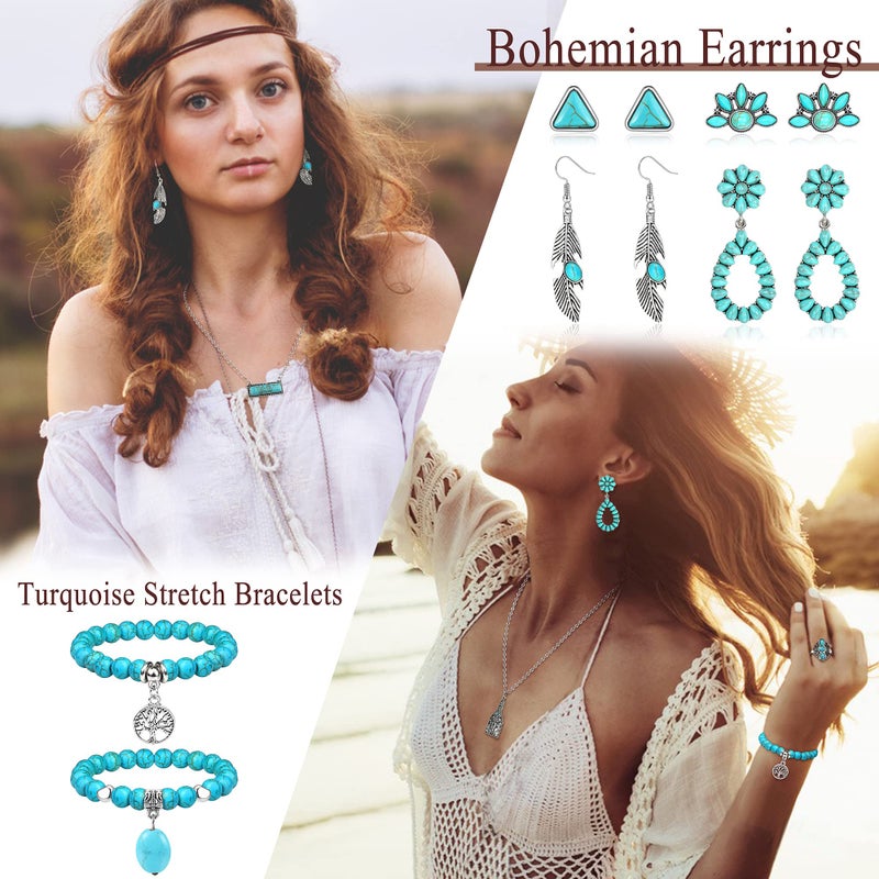 Fansilver Western Jewelry for Women Bohemian Turquoise Jewelry Set Navajo Pearl Necklace Beaded Choker Necklace Turquoise Earrings Bracelet Western Knuckle RingsTurquoise Jewelry for Women - Image 5