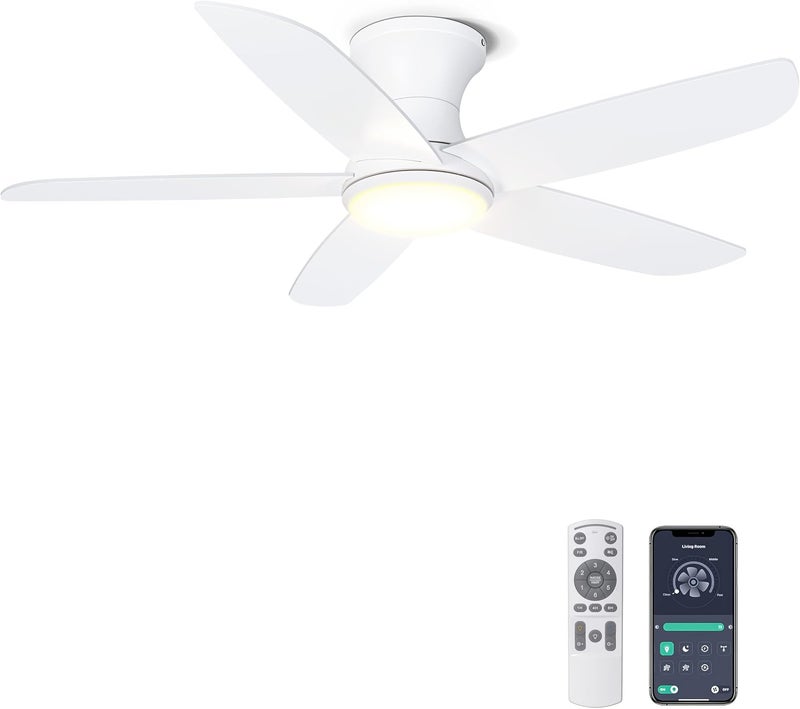Ohniyou 46'' Ceiling Fan with Lights, Low Profile Ceiling Fans Remote/APP Control - Dimmable, Silent DC Motor, Indoor Ceiling Fan for Bedroom Kitchen, White - Image 1