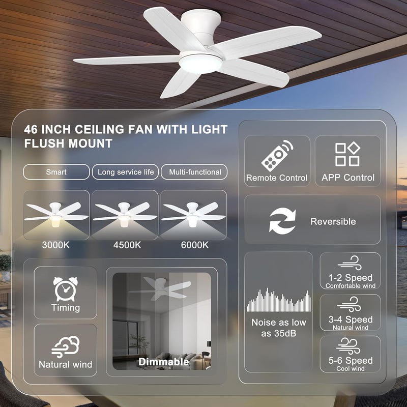 Ohniyou 46'' Ceiling Fan with Lights, Low Profile Ceiling Fans Remote/APP Control - Dimmable, Silent DC Motor, Indoor Ceiling Fan for Bedroom Kitchen, White - Image 2
