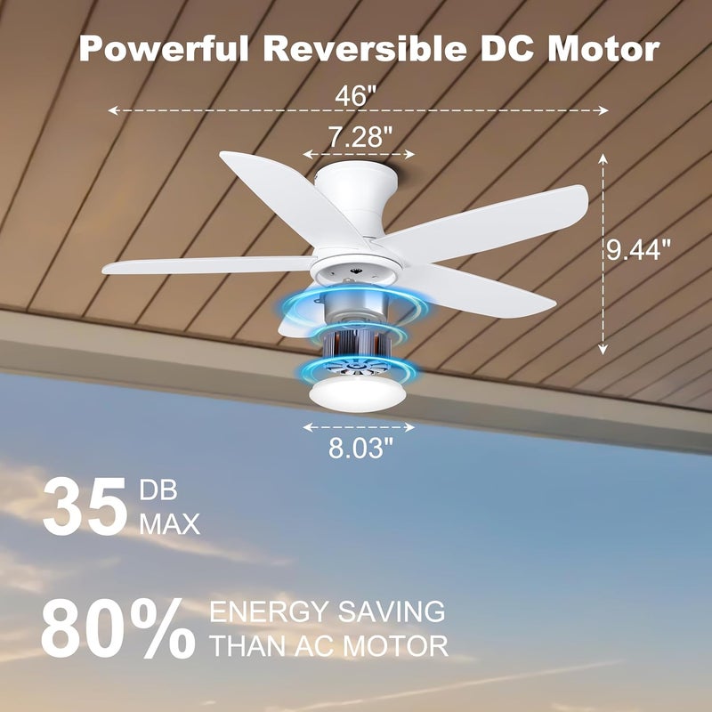 Ohniyou 46'' Ceiling Fan with Lights, Low Profile Ceiling Fans Remote/APP Control - Dimmable, Silent DC Motor, Indoor Ceiling Fan for Bedroom Kitchen, White - Image 5