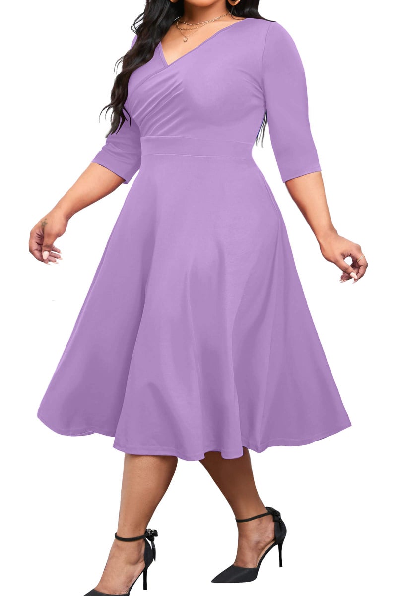 CLOCOR Women's Plus Size Midi Dress 3/4 Sleeve A-Line Swing Dress V Neck Flowy Casual Dresses Light Purple 2X-Large - Image 1