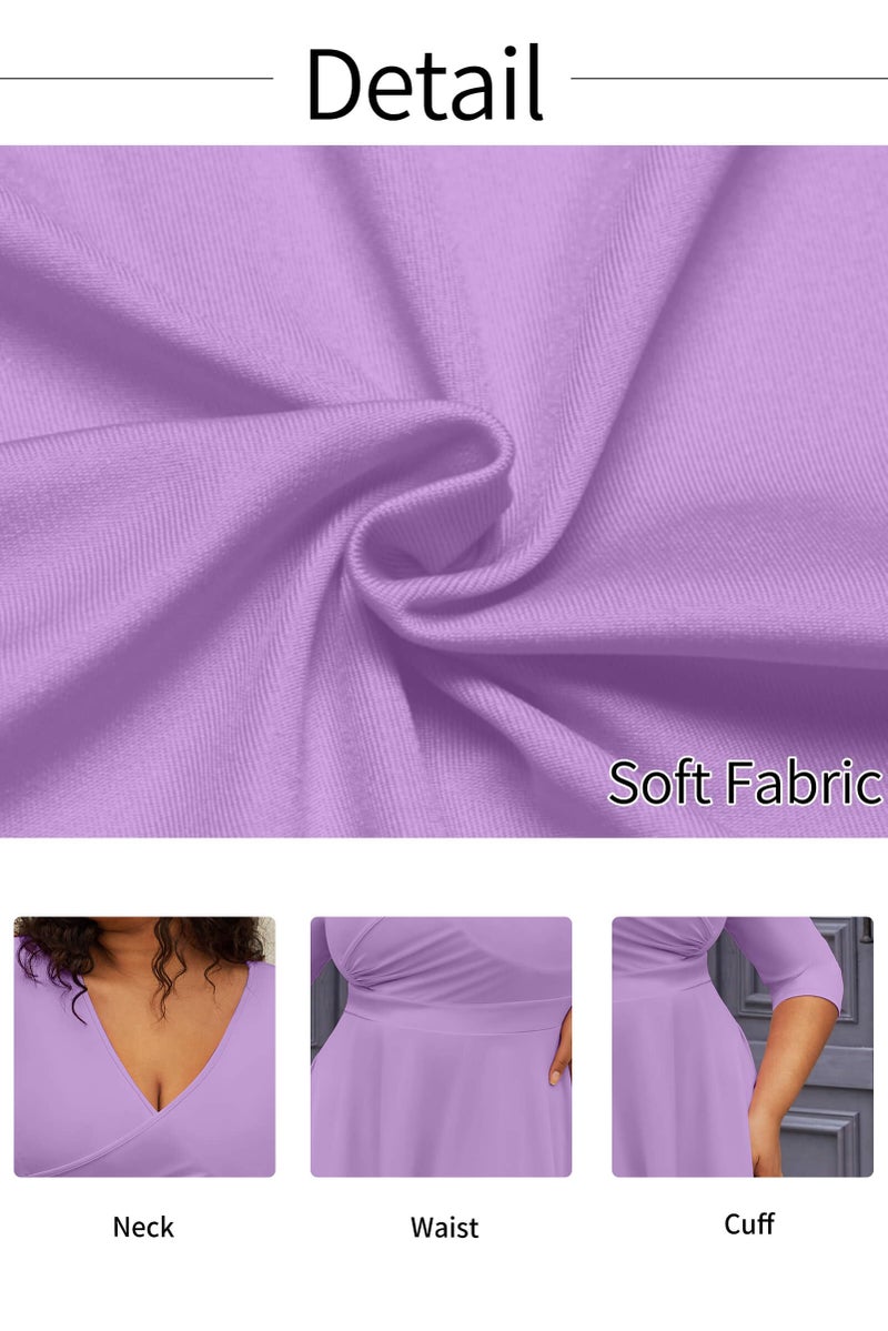 CLOCOR Women's Plus Size Midi Dress 3/4 Sleeve A-Line Swing Dress V Neck Flowy Casual Dresses Light Purple 2X-Large - Image 5