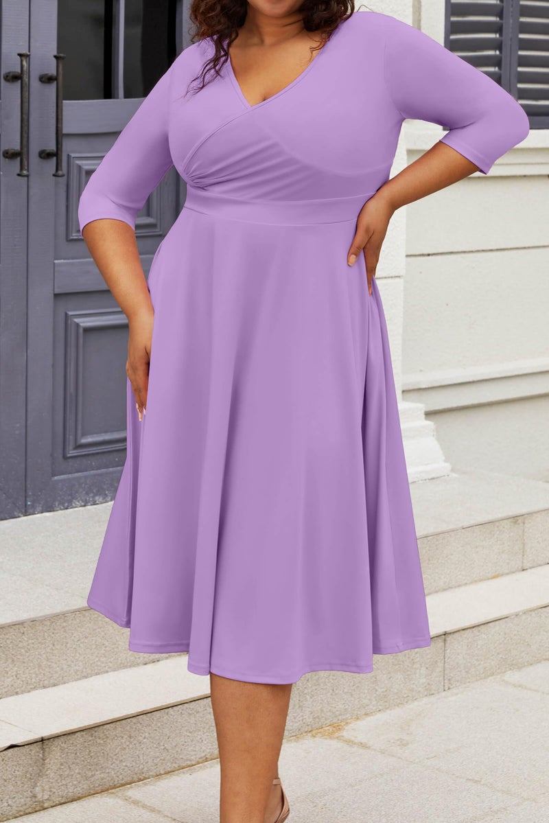 CLOCOR Women's Plus Size Midi Dress 3/4 Sleeve A-Line Swing Dress V Neck Flowy Casual Dresses Light Purple 2X-Large - Image 2