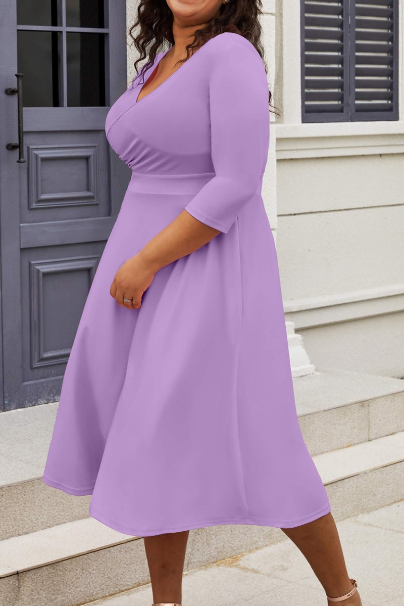 CLOCOR Women's Plus Size Midi Dress 3/4 Sleeve A-Line Swing Dress V Neck Flowy Casual Dresses Light Purple 2X-Large - Image 3