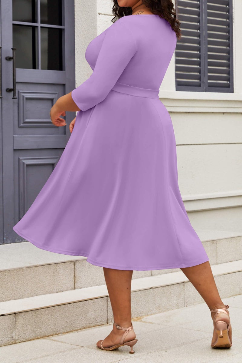 CLOCOR Women's Plus Size Midi Dress 3/4 Sleeve A-Line Swing Dress V Neck Flowy Casual Dresses Light Purple 2X-Large - Image 4