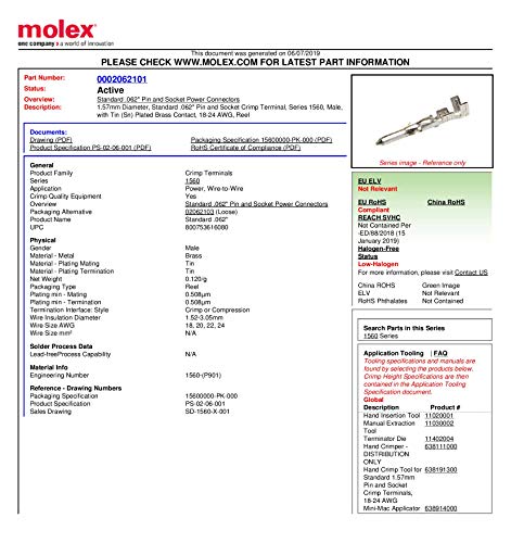 Molex Pin, Male & Female .062" 18-24 AWG, Series 1561 Tin (Sn) Plated Brass Contact (20 Pair) - Image 5