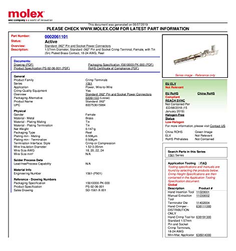 Molex Pin, Male & Female .062" 18-24 AWG, Series 1561 Tin (Sn) Plated Brass Contact (20 Pair) - Image 4
