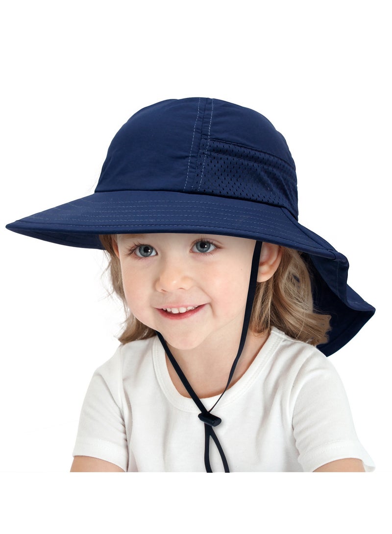 قبعة حماية من الشمس للأطفال الصغار الأولاد والبنات قبعة شمسية ذات حافة عريضة وغطاء للرقبة قبعات للعب على الشاطئ(صحن الكنيسة الأزرق - إس) - Image 2