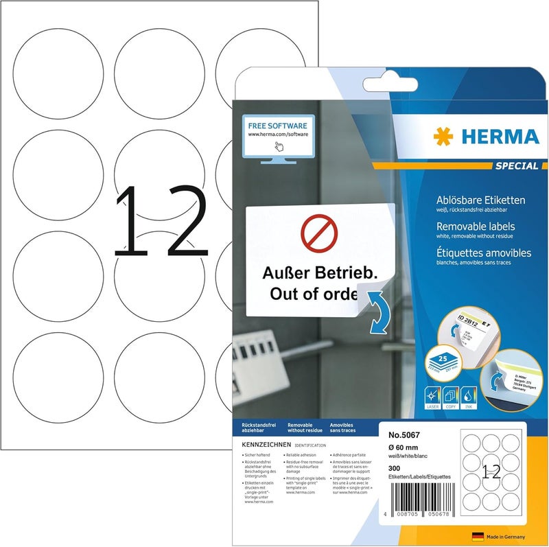 Herma Self-Adhesive Removable Multi-Purpose Labels, 300 Labels For Printers, Round, Ø 60 mm, White, 25 Sheets - Image 1