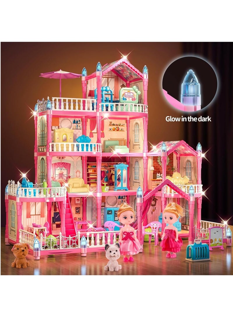 WALALLA 4-Story Dollhouse with Glow in The Dark, Girl Toys Doll House Playset with 2 Dolls,12 Play Areas, Furniture and Accessories, Princess Gift Toys for Girls Ages 3-9 ,Pink - Image 1
