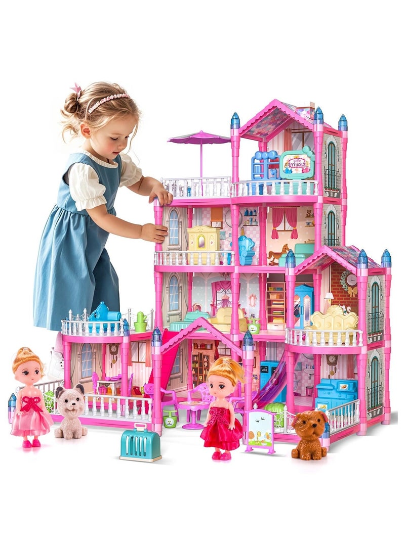 WALALLA 4-Story Dollhouse with Glow in The Dark, Girl Toys Doll House Playset with 2 Dolls,12 Play Areas, Furniture and Accessories, Princess Gift Toys for Girls Ages 3-9 ,Pink - Image 2