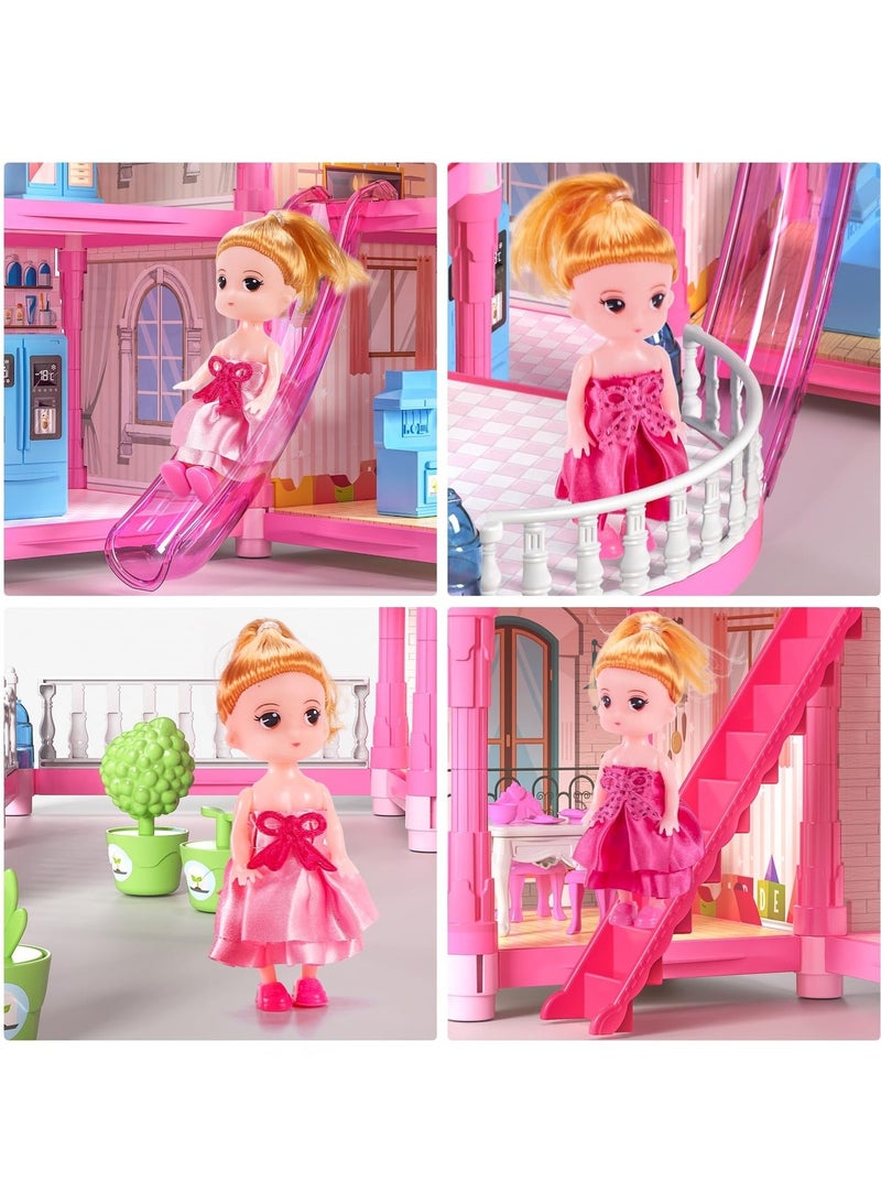WALALLA 4-Story Dollhouse with Glow in The Dark, Girl Toys Doll House Playset with 2 Dolls,12 Play Areas, Furniture and Accessories, Princess Gift Toys for Girls Ages 3-9 ,Pink - Image 3