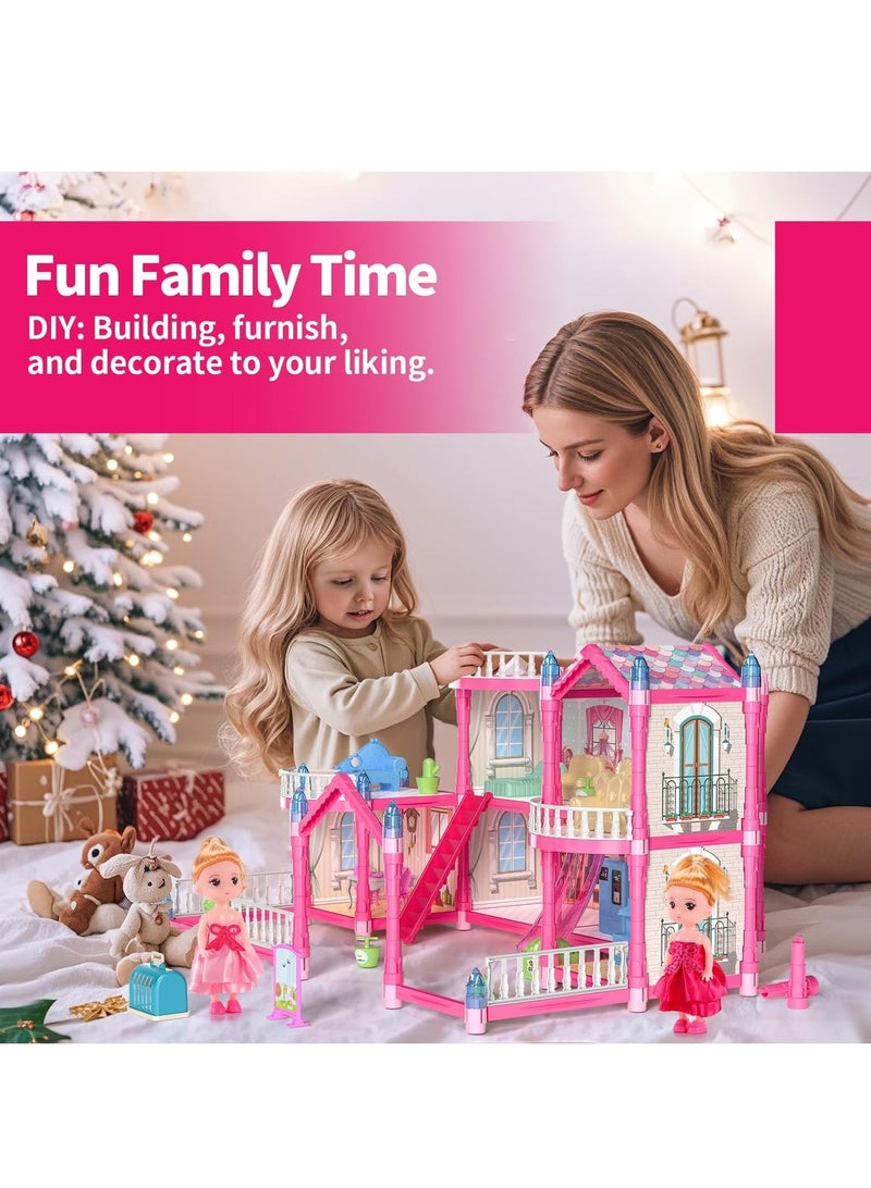 WALALLA 4-Story Dollhouse with Glow in The Dark, Girl Toys Doll House Playset with 2 Dolls,12 Play Areas, Furniture and Accessories, Princess Gift Toys for Girls Ages 3-9 ,Pink - Image 4