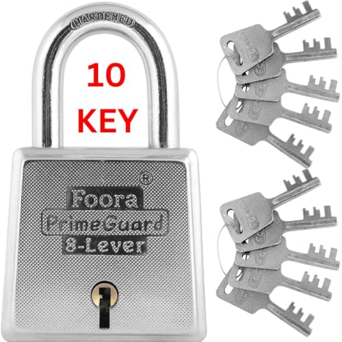 Foora PrimeGurad 60 with 10 Keys Padlock, Double Locking, Iron Zinc 8 Lever for Door, Gate, Shutter,Hardened Shackle Heavy Duty Key Lock, Size 60mm Silver Glossy Finish 1 Key Chain - Image 1