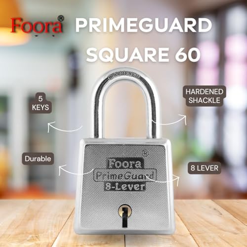 Foora PrimeGurad 60 with 10 Keys Padlock, Double Locking, Iron Zinc 8 Lever for Door, Gate, Shutter,Hardened Shackle Heavy Duty Key Lock, Size 60mm Silver Glossy Finish 1 Key Chain - Image 2