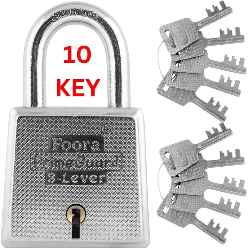 Foora PrimeGurad 60 with 10 Keys Padlock, Double Locking, Iron Zinc 8 Lever for Door, Gate, Shutter,Hardened Shackle Heavy Duty Key Lock, Size 60mm Silver Glossy Finish 1 Key Chain - Image 3